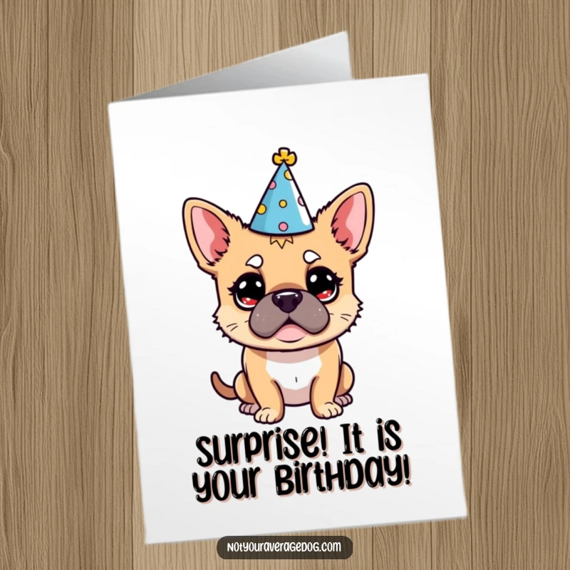 Funny Free Printable Birthday Card: Dog wearing a tiny party hat, looking utterly bewildered and confused, a birthday laugh.