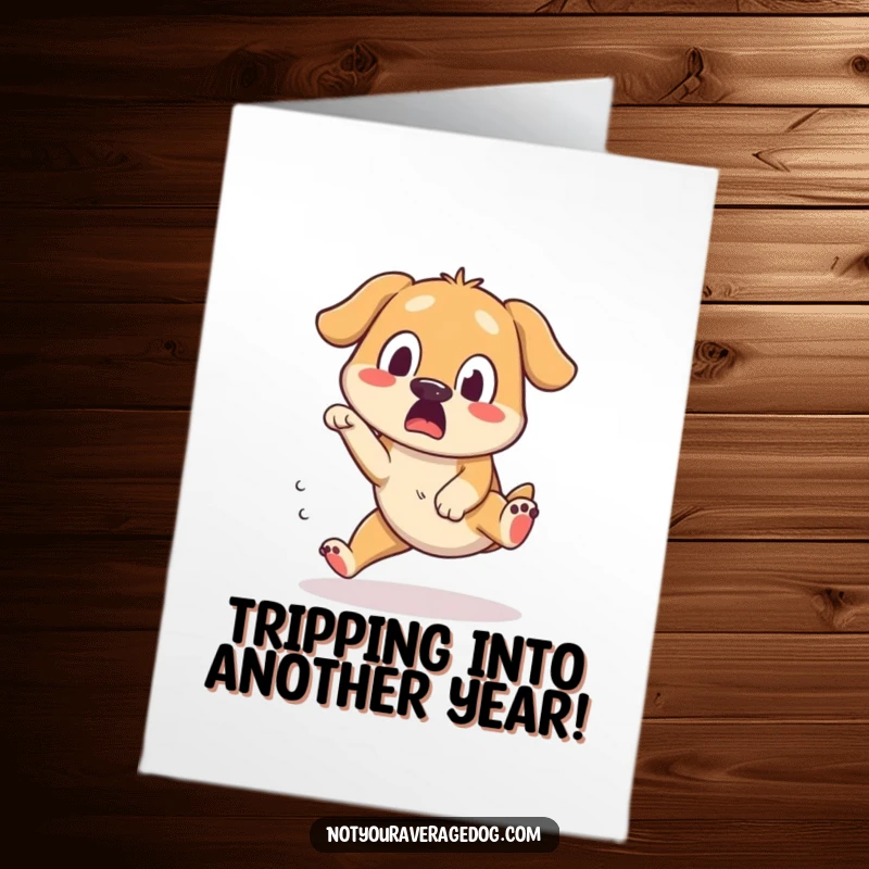 Funny Free Printable Birthday Card: A dog trips comically over its own feet, looking surprised and goofy.