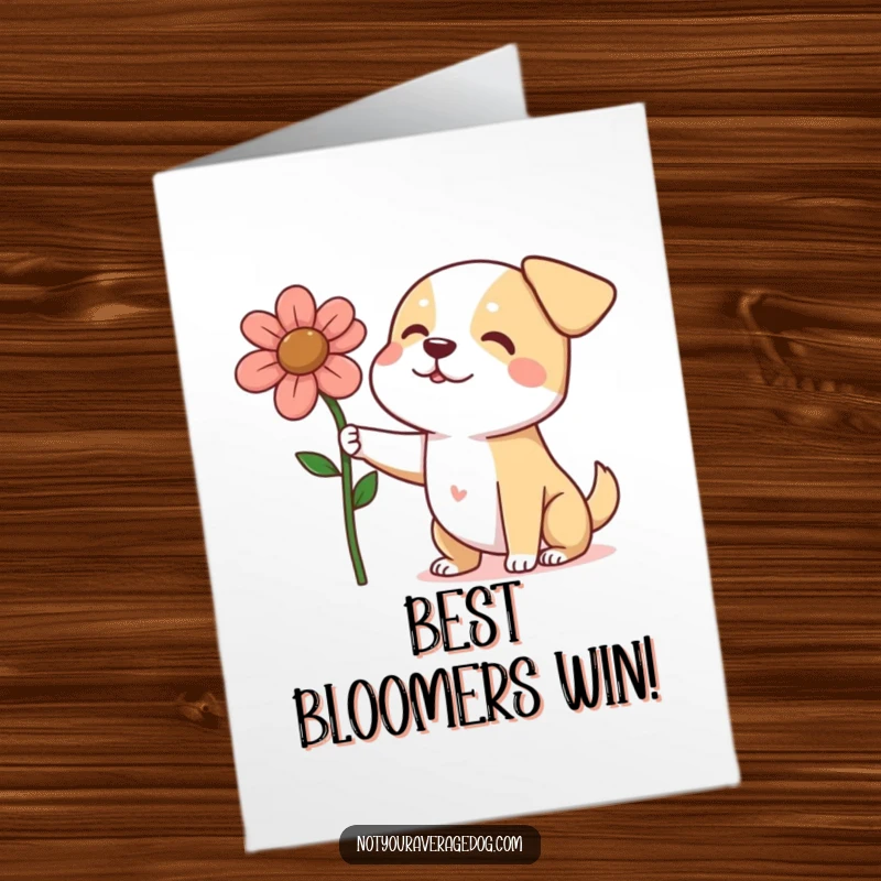 Funny Free Printable Congrats Card: A dog presents a large, slightly flattened flower with immense pride for congratulations.