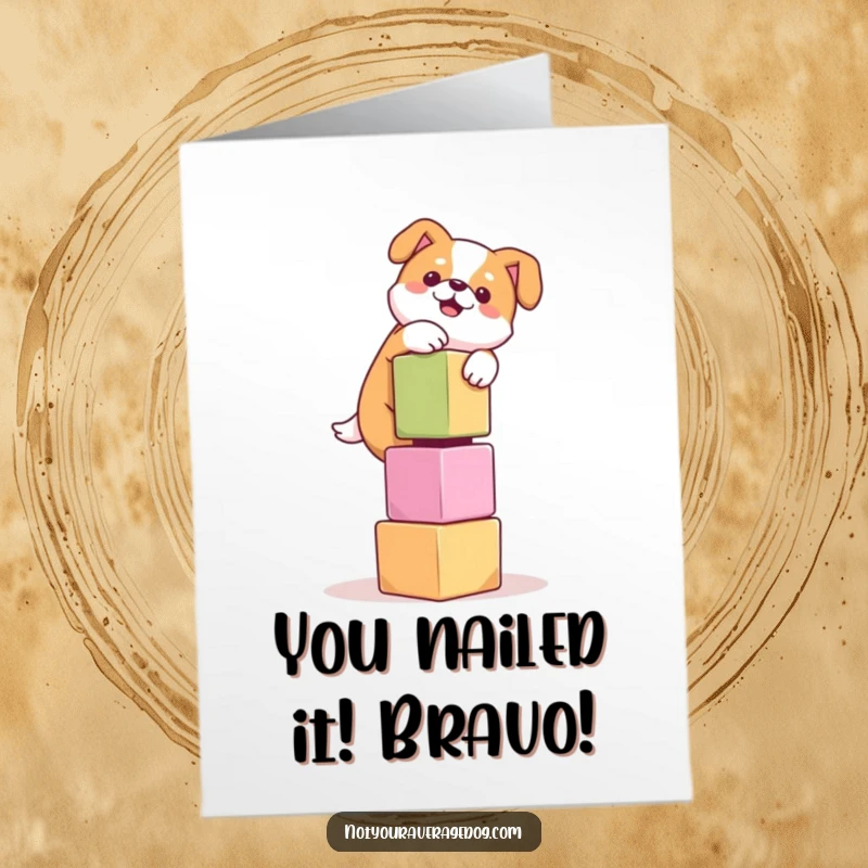 Free Printable Congratulations Card: Dog successfully balancing a surprisingly stable tower of cubes, a funny sight.