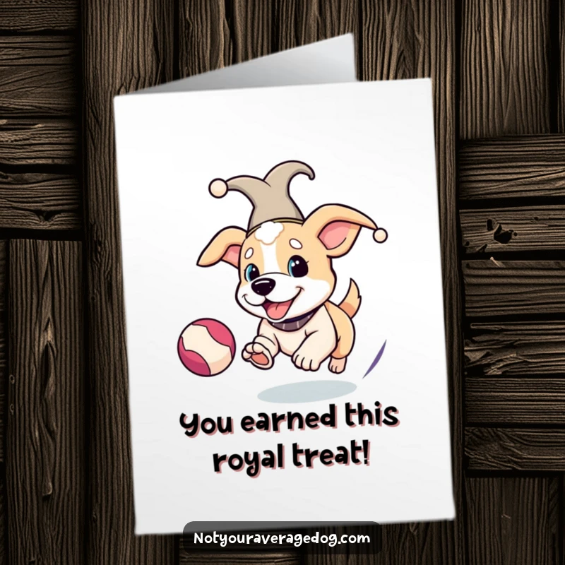 Funny Free Printable Congratulations Card: A dog wearing a jester hat joyfully chases after a bouncing ball.