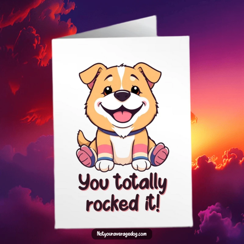 Funny Free Printable Congratulations Card: A dog with a silly grin wearing mismatched socks, celebrating a fantastic achievement.