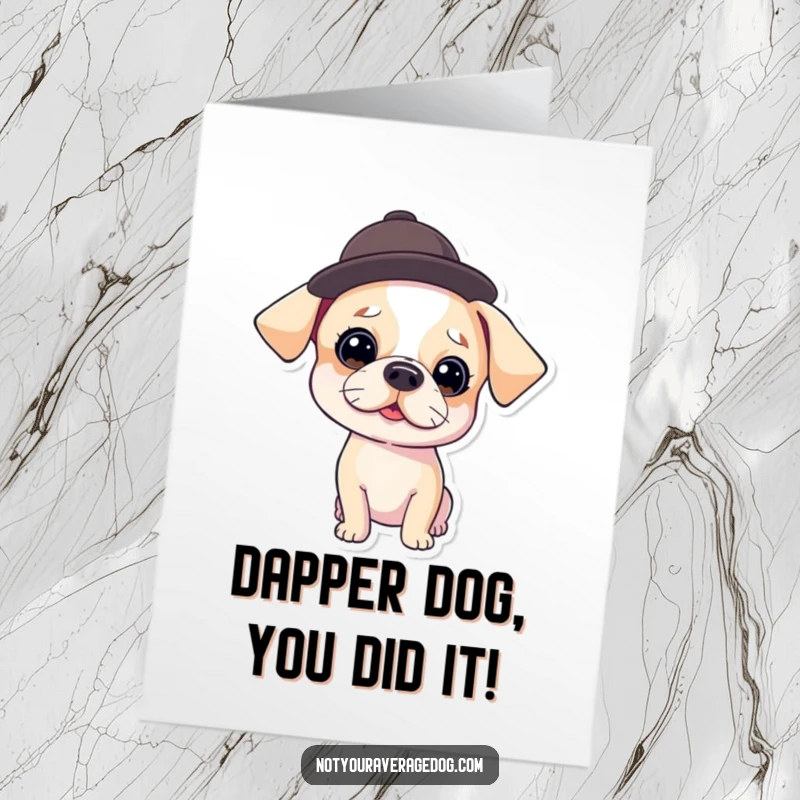 Funny Free Printable Congratulations Card: A smart-looking dog wearing a small hat, tilted at a funny angle, celebrating an achievement.