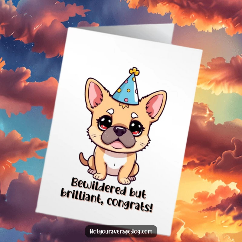 Funny Free Printable Congratulations Card: Dog in a party hat looking completely bewildered, celebrating success humorously.