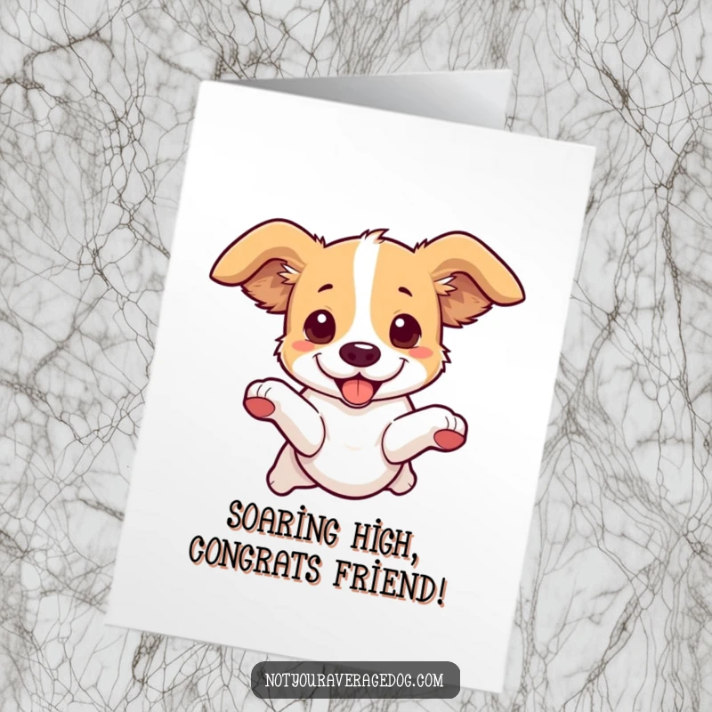 Funny Free Printable Congratulations Card: Dog leaping with ears flying in opposite directions, celebrating a win hilariously.