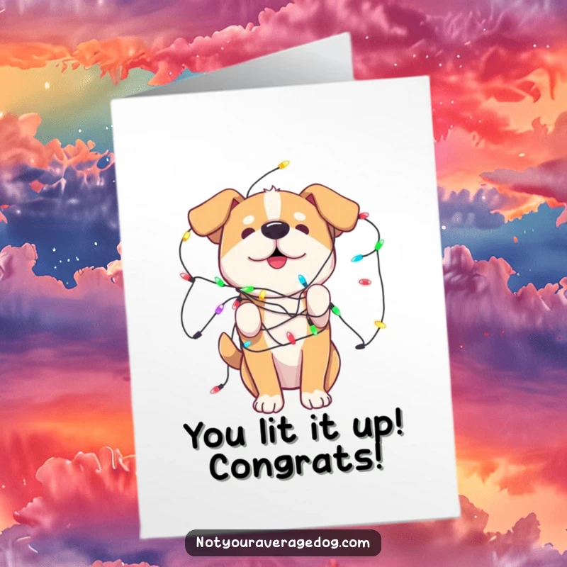Funny Free Printable Congrats Card: A dog tangled in colorful lights celebrates achievements with playful, festive chaos.