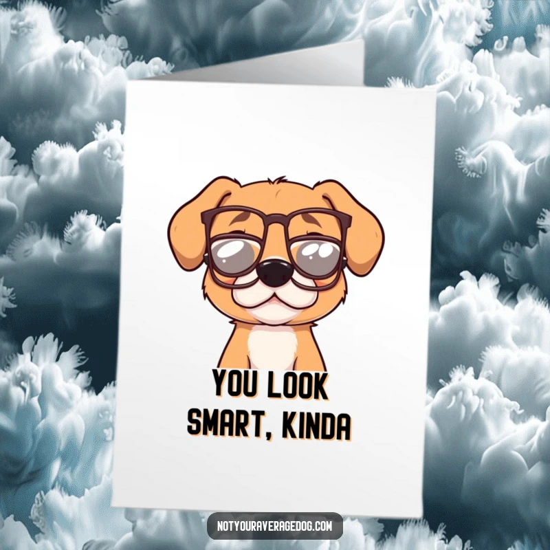 Funny Free Printable Congrats Card: A dog looking scholarly but silly, wearing tiny, crooked glasses, perfect for congratulations.