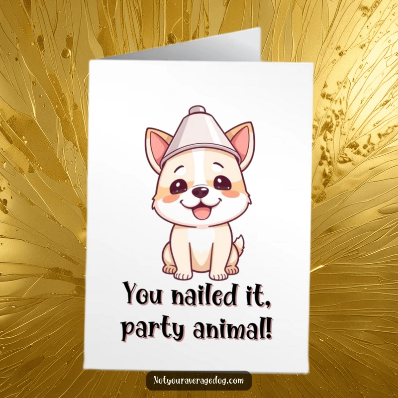 Funny Free Printable Congratulations Card: A dog gleefully sports a lampshade on its head, celebrating a big win.