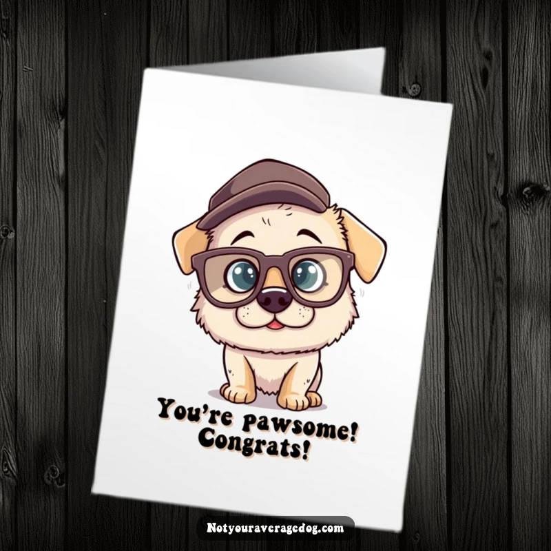 Funny Free Printable Congratulations Card showing a silly dog character sporting large, comical glasses and a wonky hat.