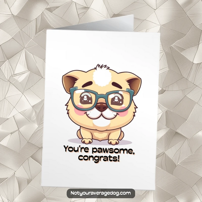 Funny Free Printable Congratulations Card: A silly dog character in oversized glasses grins triumphantly, celebrating their clever success.