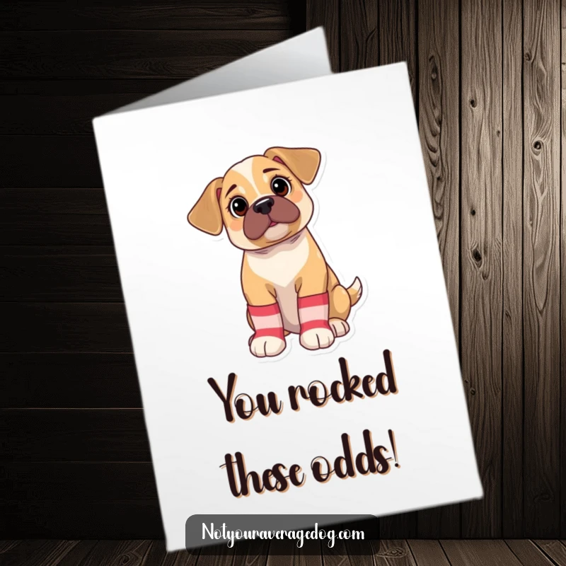 Funny Free Printable congratulations card showing a bewildered puppy wearing giant, mismatched socks, celebrating with adorable confusion.