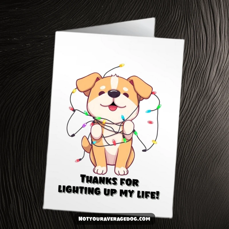 Funny Free Printable Thank You Card: A dog tangled in colorful lights conveys thanks with a charming, slightly chaotic twist.