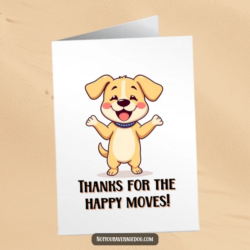Funny Free Printable Thank You Card: A dog dances gleefully with floppy ears, a humorous way to show your appreciation.