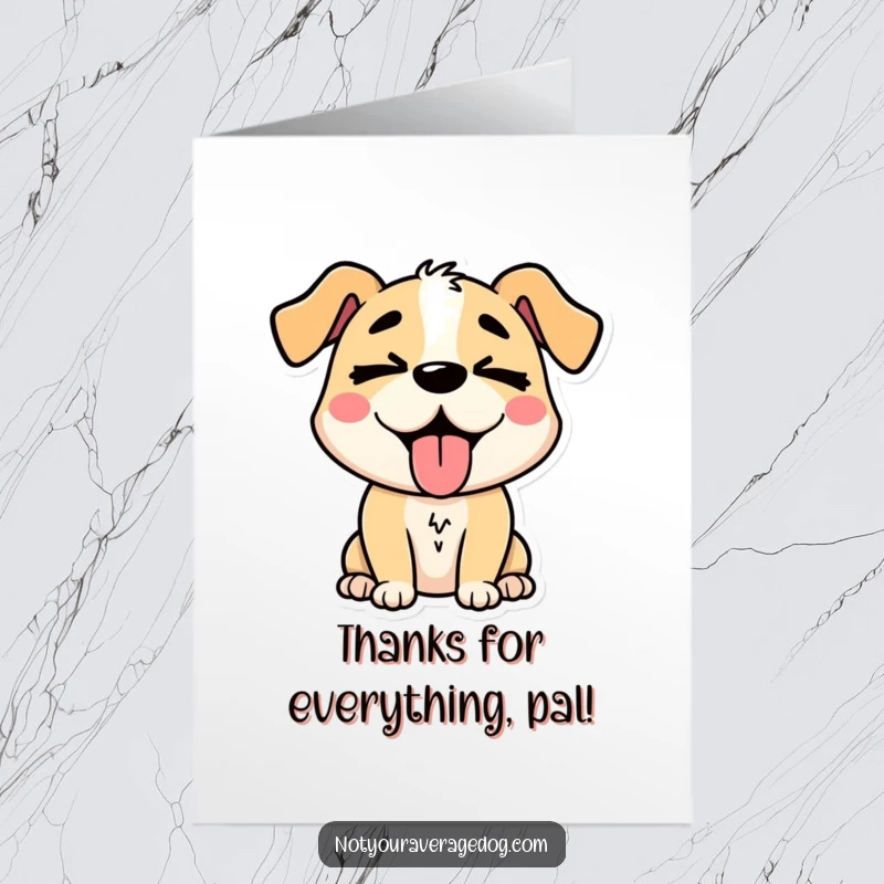 Funny Free Printable Thank You Card: A stylized dog with tongue lolling out and eyes crossed, conveying thanks goofily.