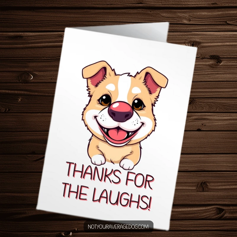 Funny free printable thank you card featuring a dog with a clown nose and silly grin, expressing thanks playfully.