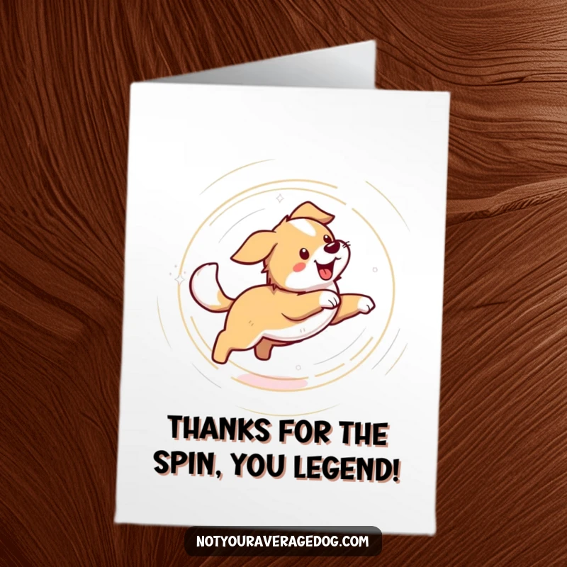 Funny Free Printable Thank You Card: A dog caught in a comical spin, eyes crossed while chasing its tail.
