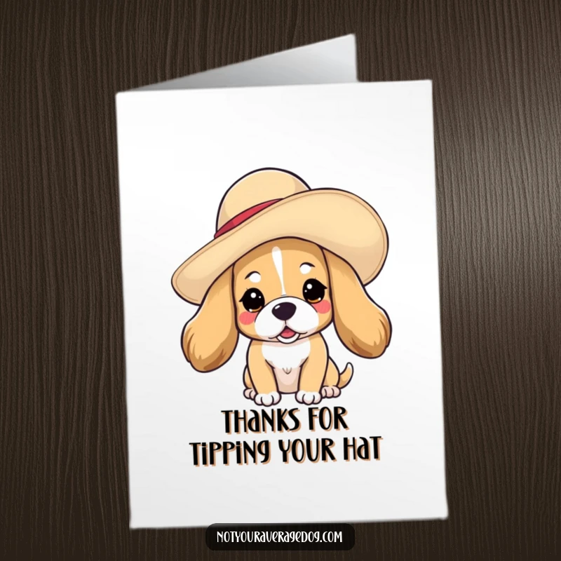 Funny Free Printable thank you card: a dog looking dapper in an oversized, floppy hat tilted stylishly on its head.