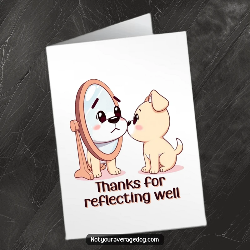 Funny Free Printable Thank You Card: A dog looks utterly confused at its own reflection, a comical thanks.