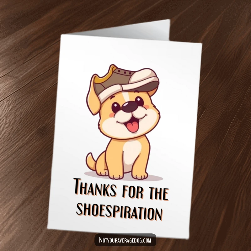 Funny Free Printable Thank You Card: A dog tries hard to wear a shoe as a hat, expressing thanks hilariously.