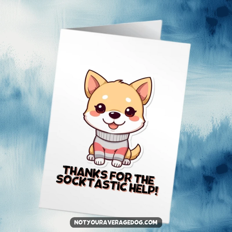 Funny Free Printable Thank You Card: Dog with a silly grin wearing a mismatched sock, a cute and humorous thank you note.