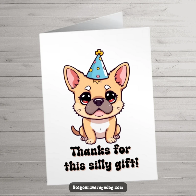 Funny Free Printable Thank You Card: Dog wearing a tiny party hat, looking comically bewildered, a unique thank you.