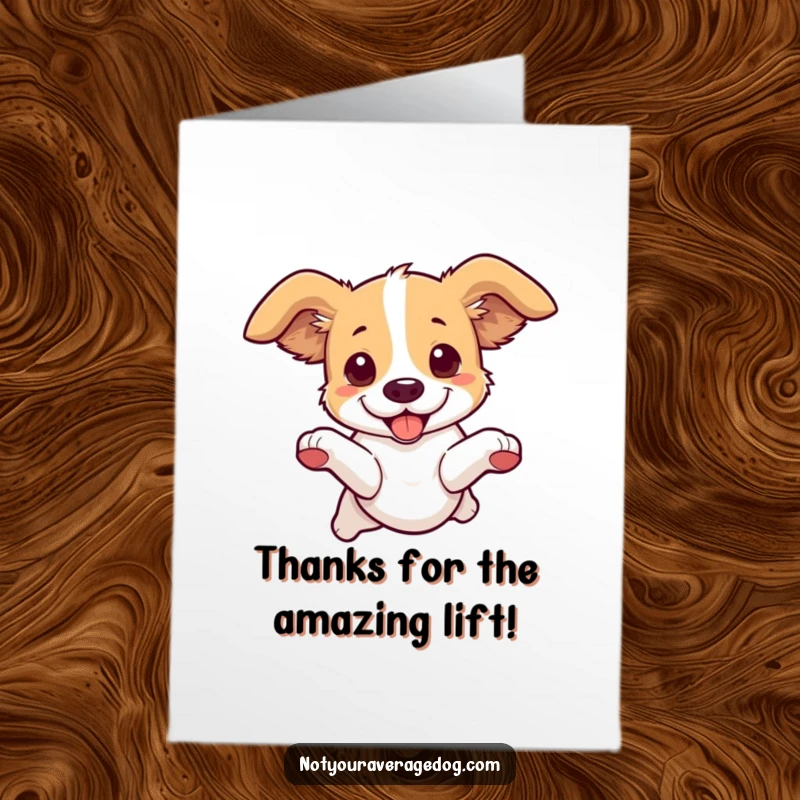 Funny Free Printable Thank You Card: Dog leaping with ears askew, a comical way to say thanks, ready to print.