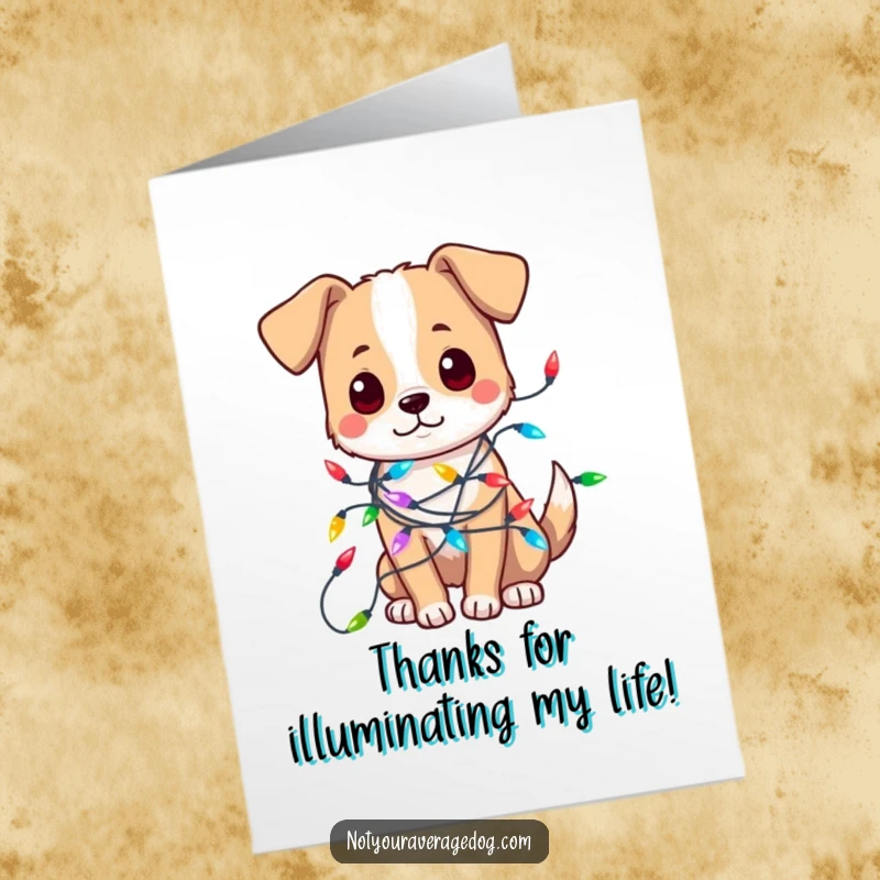 Funny Free Printable Thank You card: A dog playfully tangled in colorful festive lights, sending thanks.