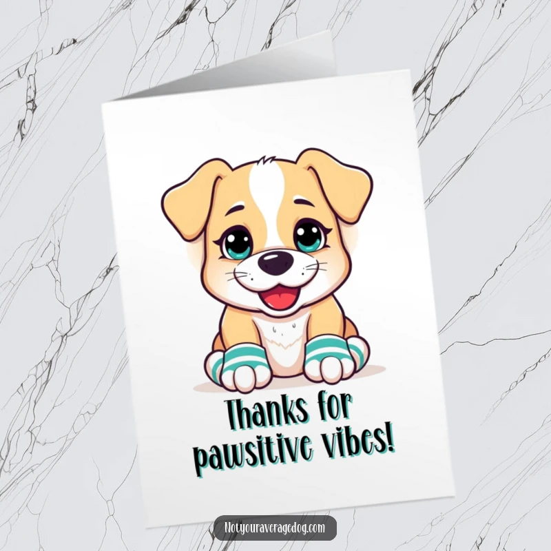 Funny Free Printable Thank You Card: A dog with a wide, goofy grin and two different colored socks on its front feet.
