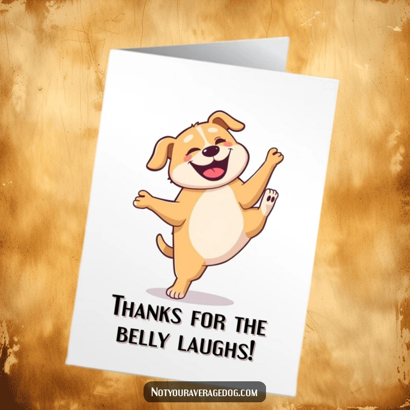 Funny Free Printable Thank You Card: Dog expressing thanks with a goofy, wobbly cartwheel, a delightful DIY gift.