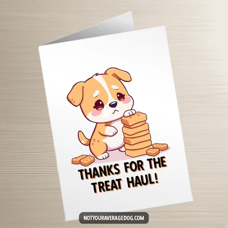 Funny Free Printable thank you card, a dog failing to balance a stack of treats with a confused expression.