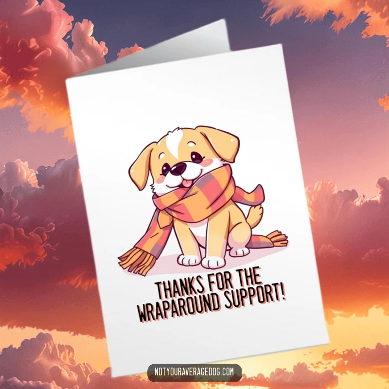 Funny Free Printable Thank You Card: A dog playfully caught in a long, brightly colored scarf, looking slightly confused.