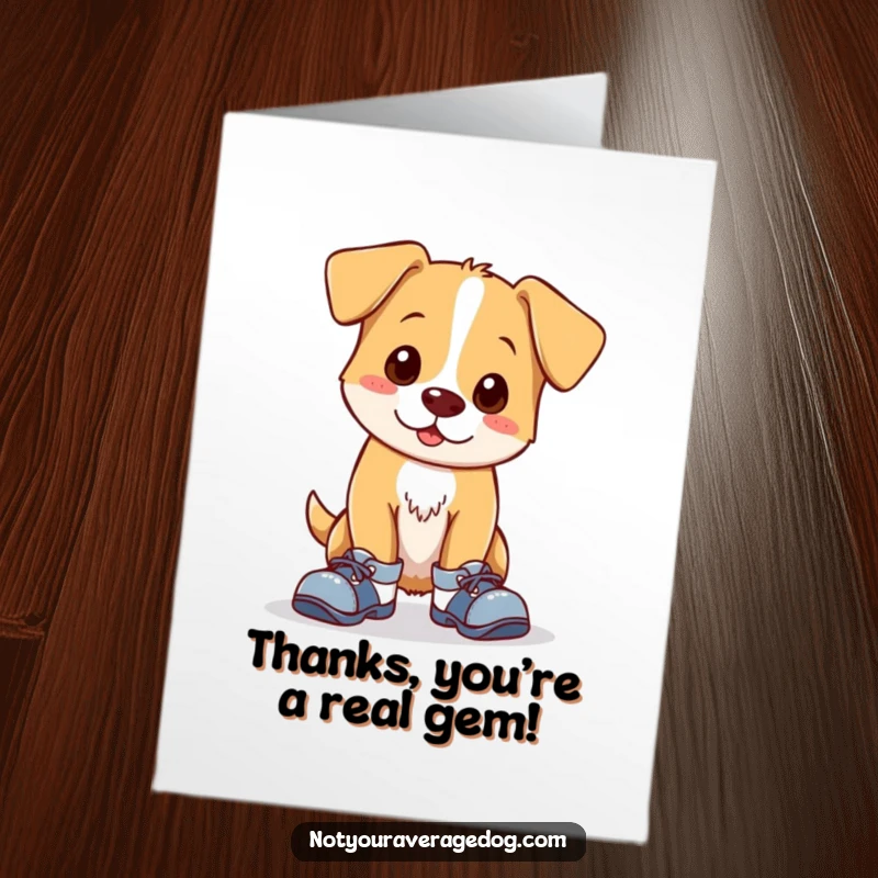 Funny Free Printable Thank You Card: A charmingly clumsy dog sporting two different shoes, offering thanks.