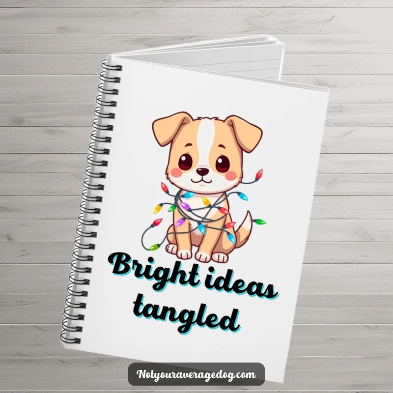 Funny notebook featuring a dog hilariously tangled in colorful string lights, perfect for jotting down holiday plans and ideas.