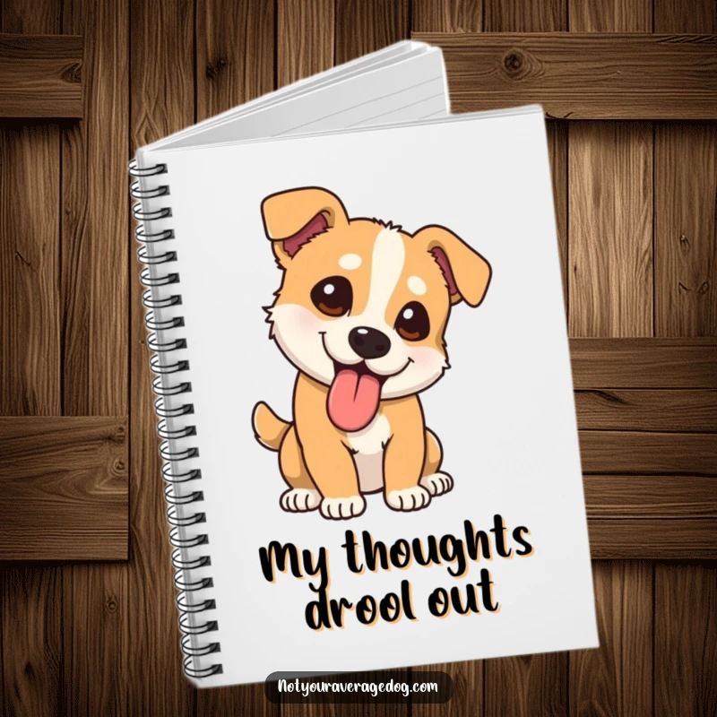 Funny dog notebook with tongue lolling out at a comical angle, ideal for jotting down notes with a touch of humor.