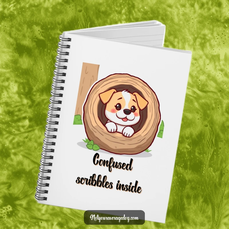 Funny dog with head inside a log on a notebook cover, inspiring humorous thoughts and explorations.