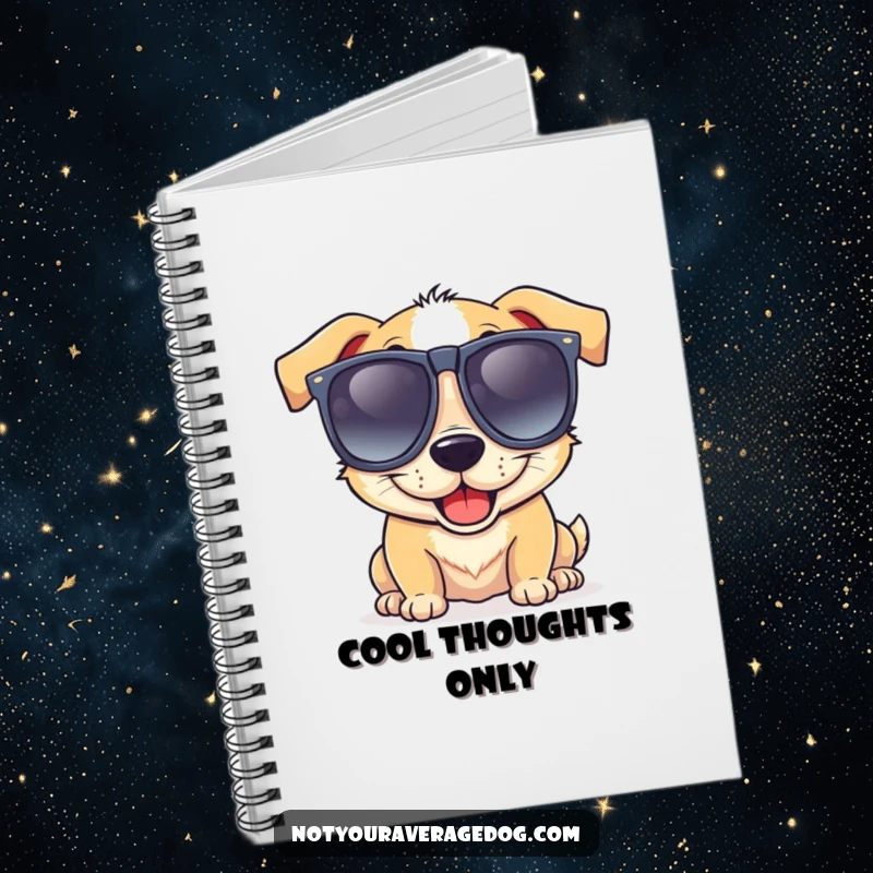 Funny notebook featuring a dog wearing huge, goofy sunglasses and a lop-sided grin, perfect for jotting down cool thoughts.