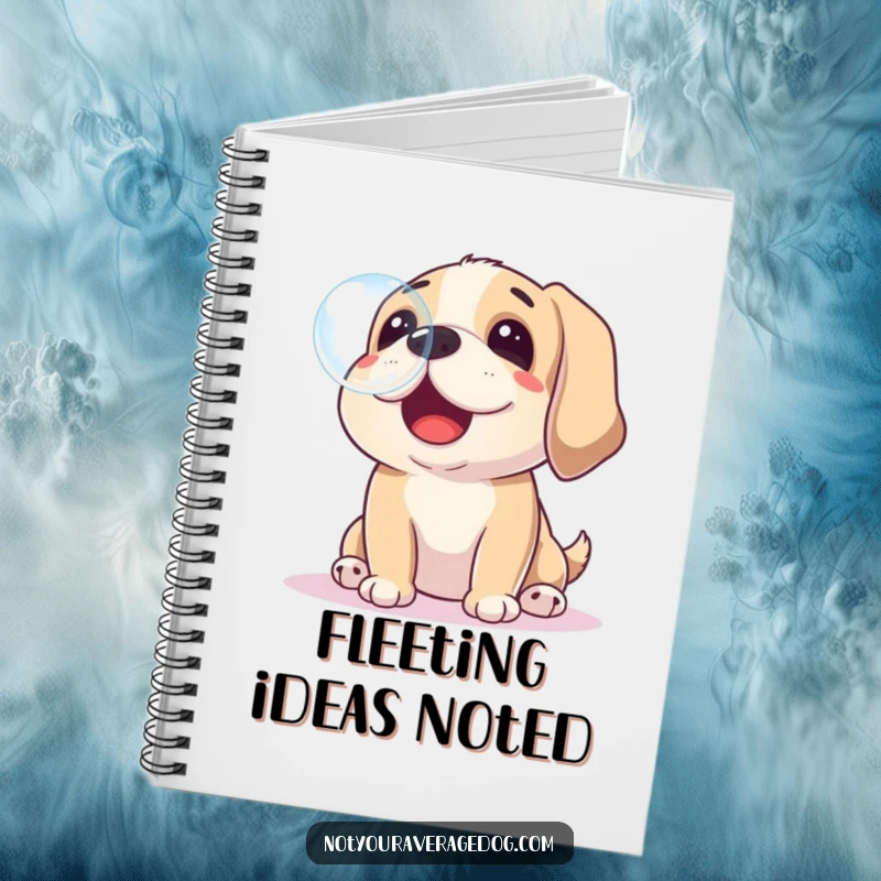 Funny notebook featuring a dog playfully trying to catch a soap bubble with its nose, for jotting humorous notes.