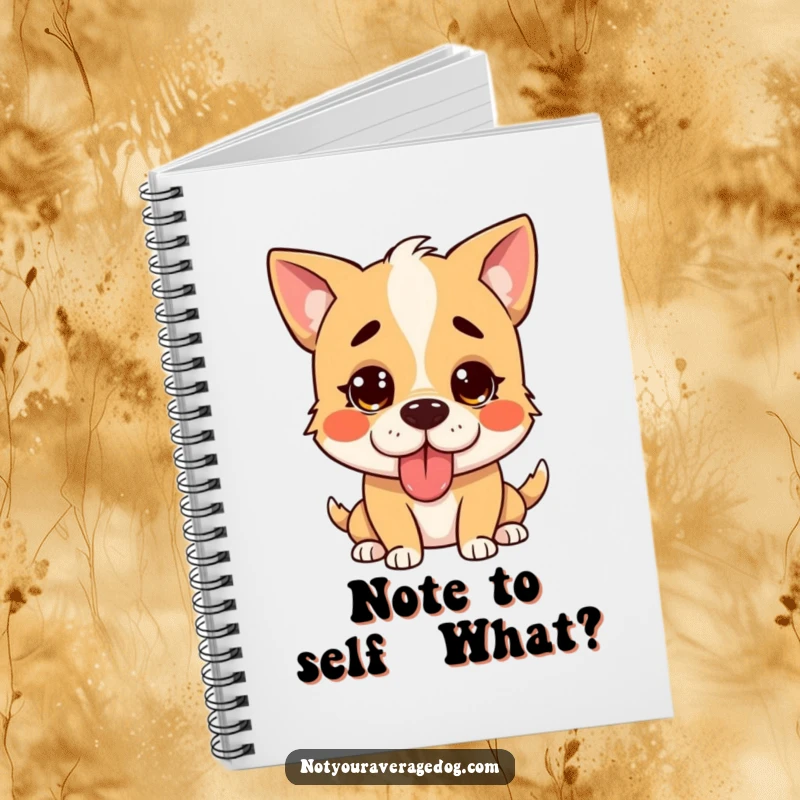 Funny confused dog notebook, showing a silly dog with its tongue sticking out, looking confused.