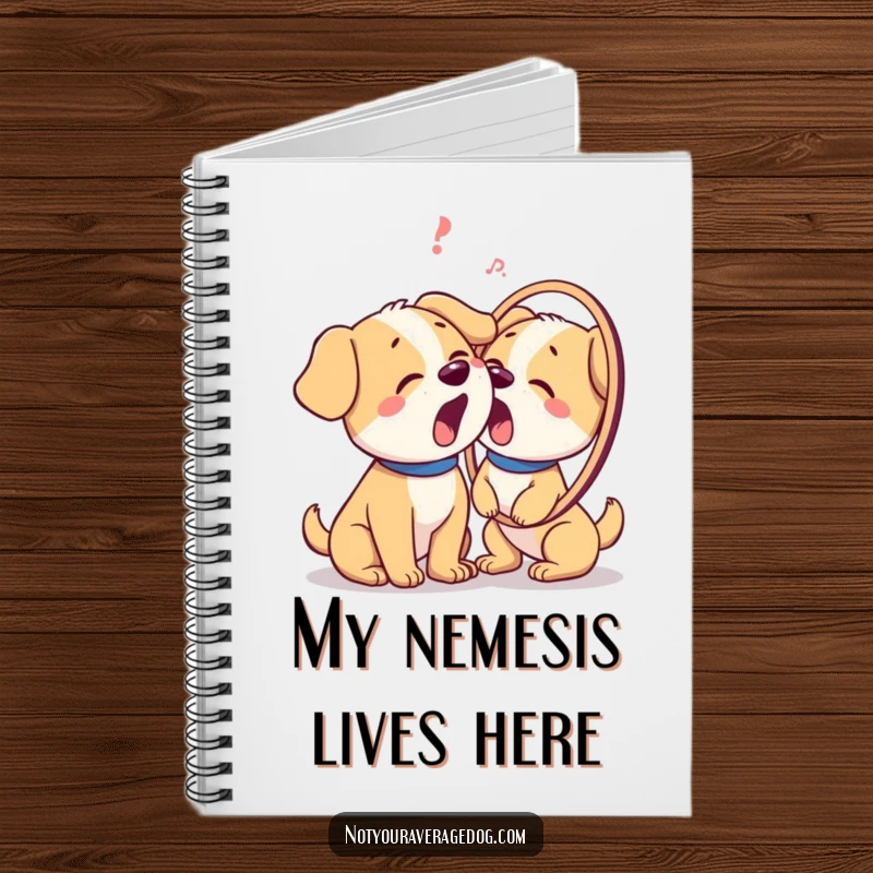 Funny notebook with a dog character confusedly barking at its reflection on the cover, great for journaling laughs.