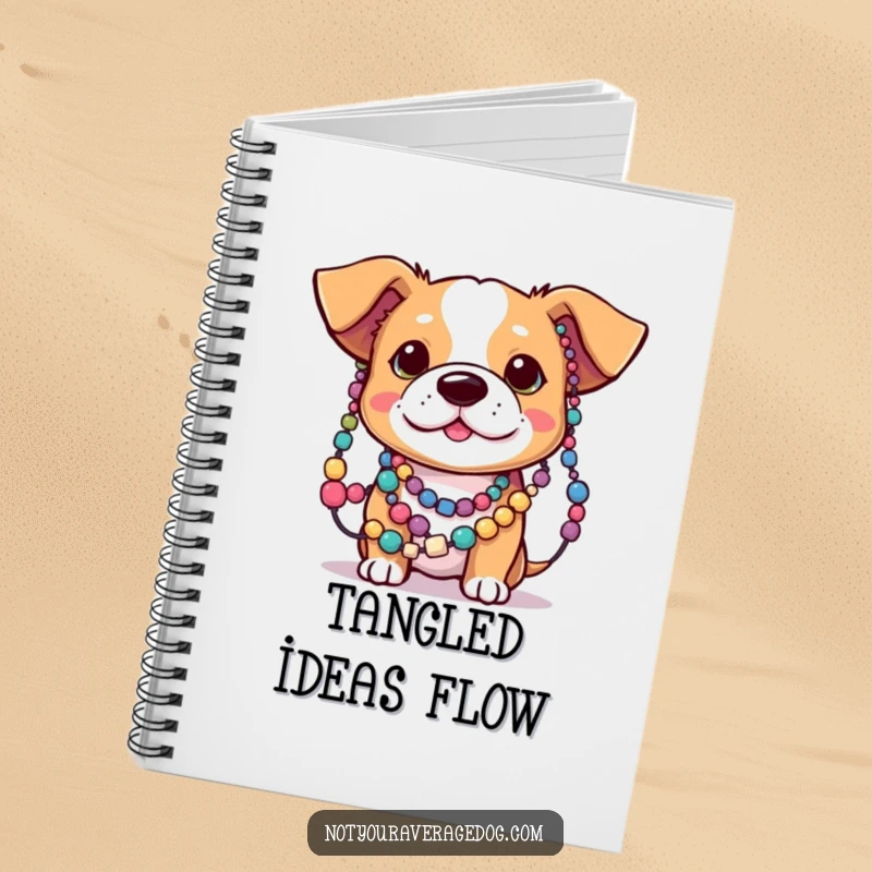 Funny notebook featuring a dog with ears tangled in colorful beads, perfect for jotting down notes and creative ideas.