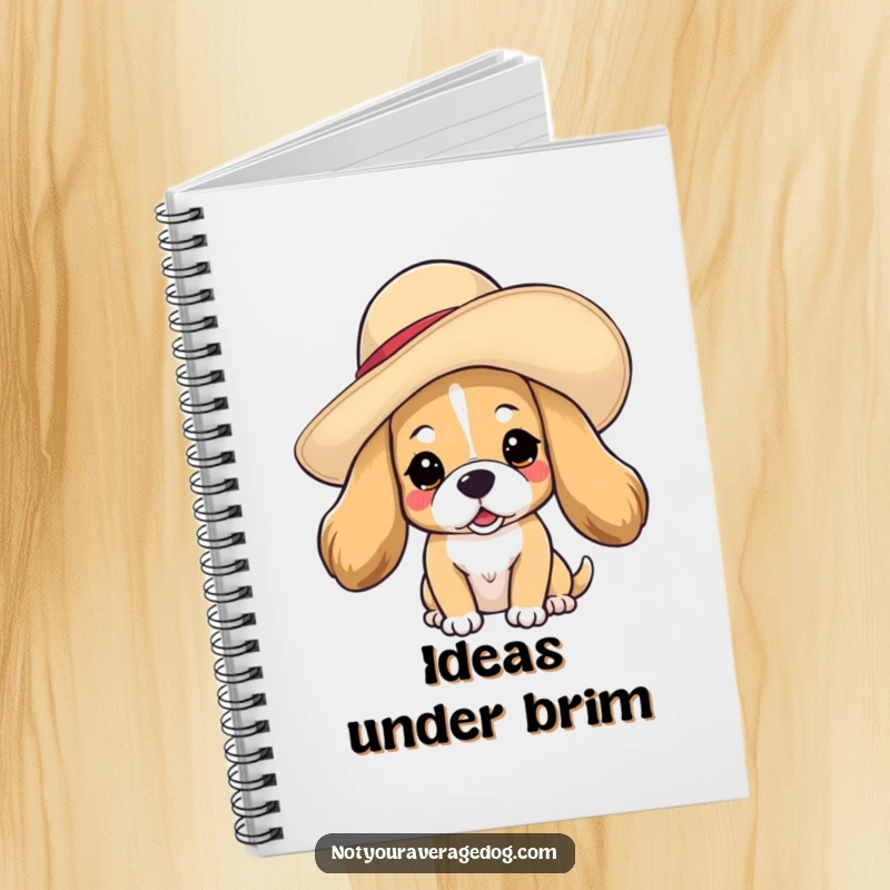 Funny dog in hat notebook featuring a dog wearing a floppy hat tilted on its head, ideal for stylish note-taking.
