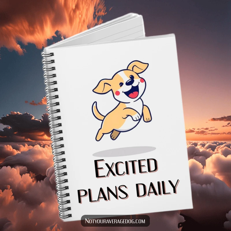 Funny dog jump notebook featuring a stylized dog silhouette in a clumsy, excited leap, ideal for creative note-taking.