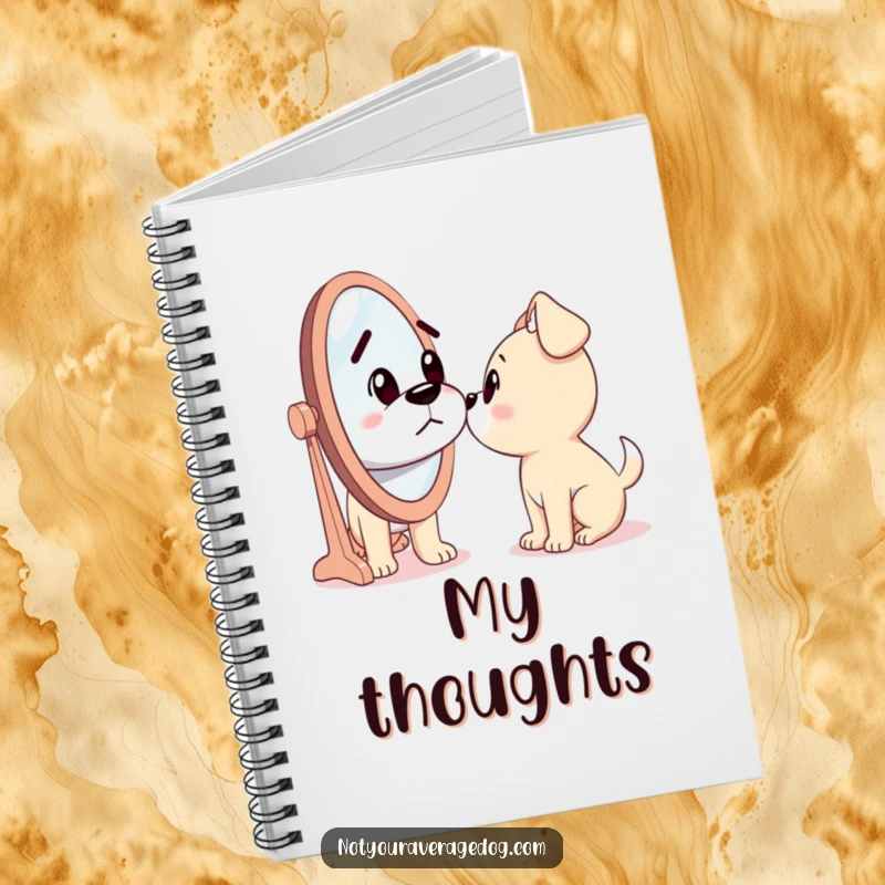 Funny notebook cover featuring a dog looking confusedly into a mirror, pondering the identity of the silly stranger within.