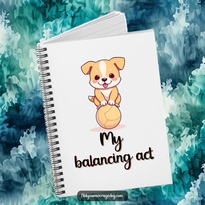 Funny notebook featuring a dog hilariously trying to balance on a small ball, perfect for notes.
