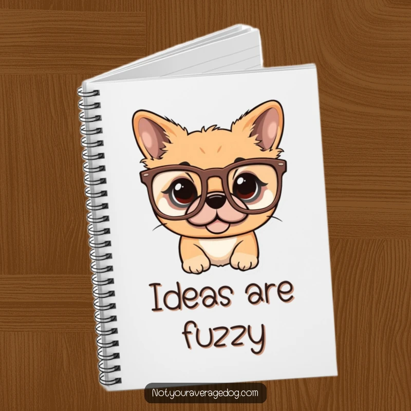 Funny notebook for notes, featuring a dog comically wearing a pair of oversized glasses.