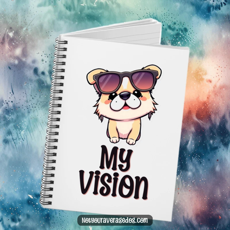 Funny dog notebook showing a dog hilariously wearing sunglasses upside down, perfect for capturing funny notes.