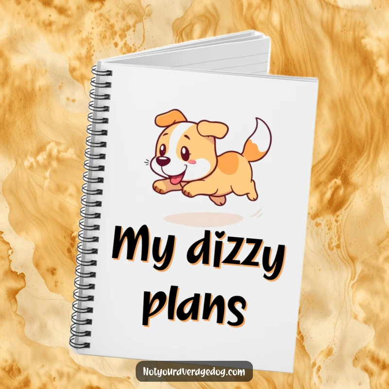 Funny notebook for jotting down notes, with a dog in a comical spin chasing its tail.