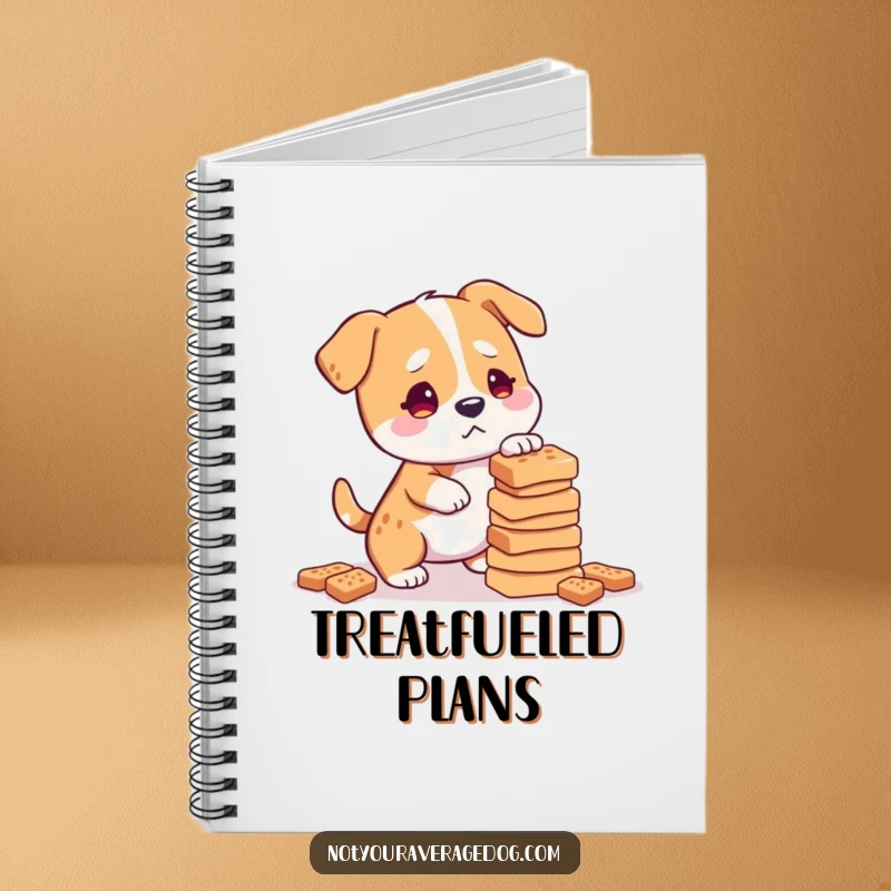 Funny confused dog balancing treats, on a notebook cover, for humorous ideas.