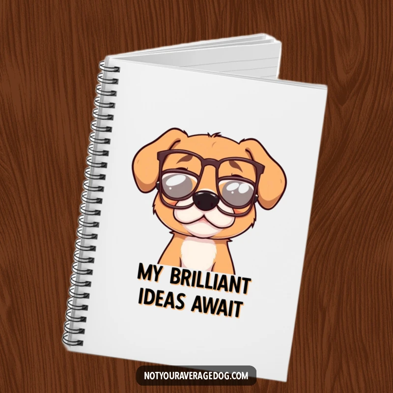 Funny dog wearing tiny, crooked glasses on a notebook cover, ready to jot down witty observations, a humorous writing tool.