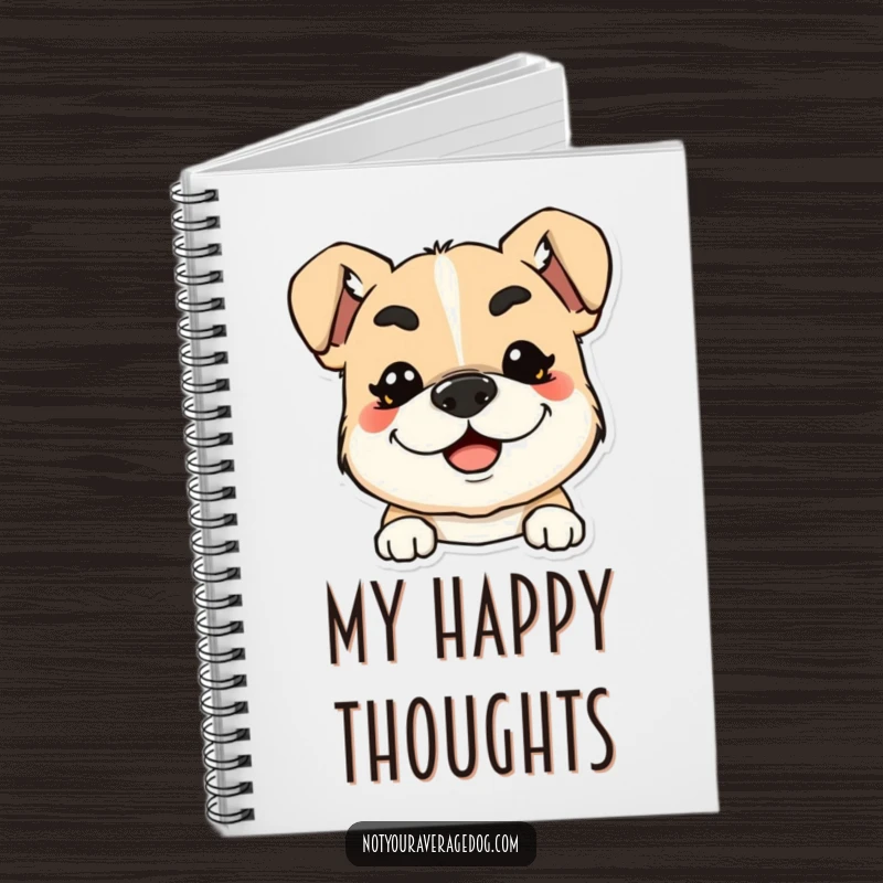 Funny notebook featuring a dog with exaggerated, squiggly eyebrows and a wide smile, perfect for notes.